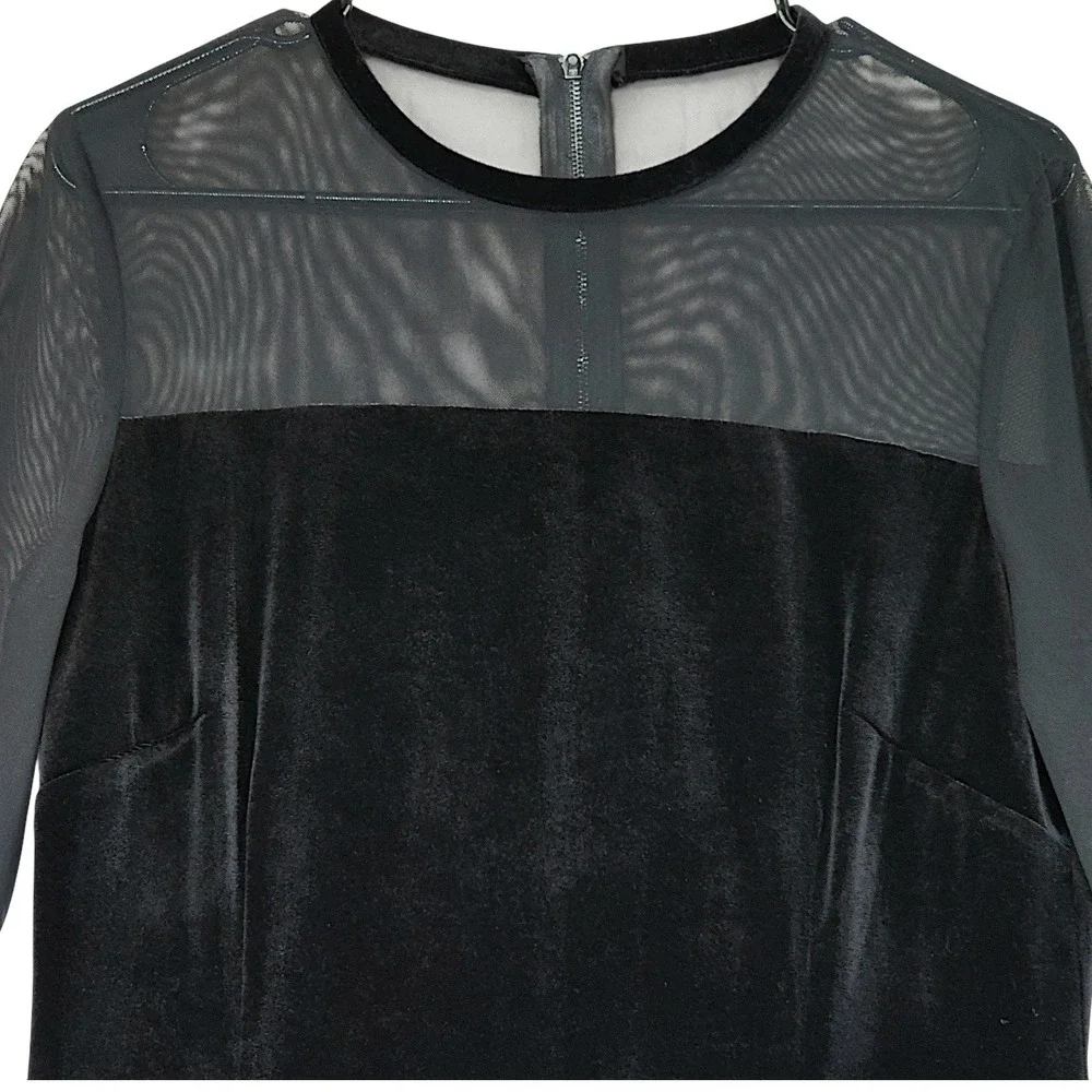 Tahari Velour Dress 12 Black Velvet Blue Feathers Mesh Long Sleeve Cocktail Mini - Picture 8 of 15